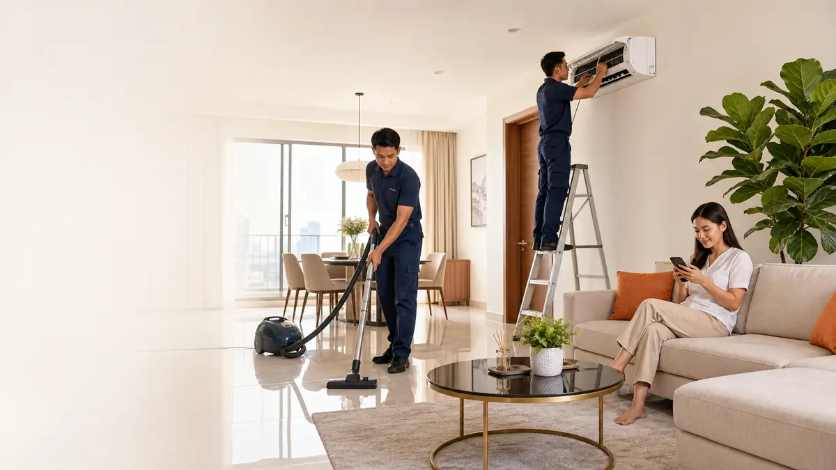 Home-service workers helping in a bright Phnom Penh apartment